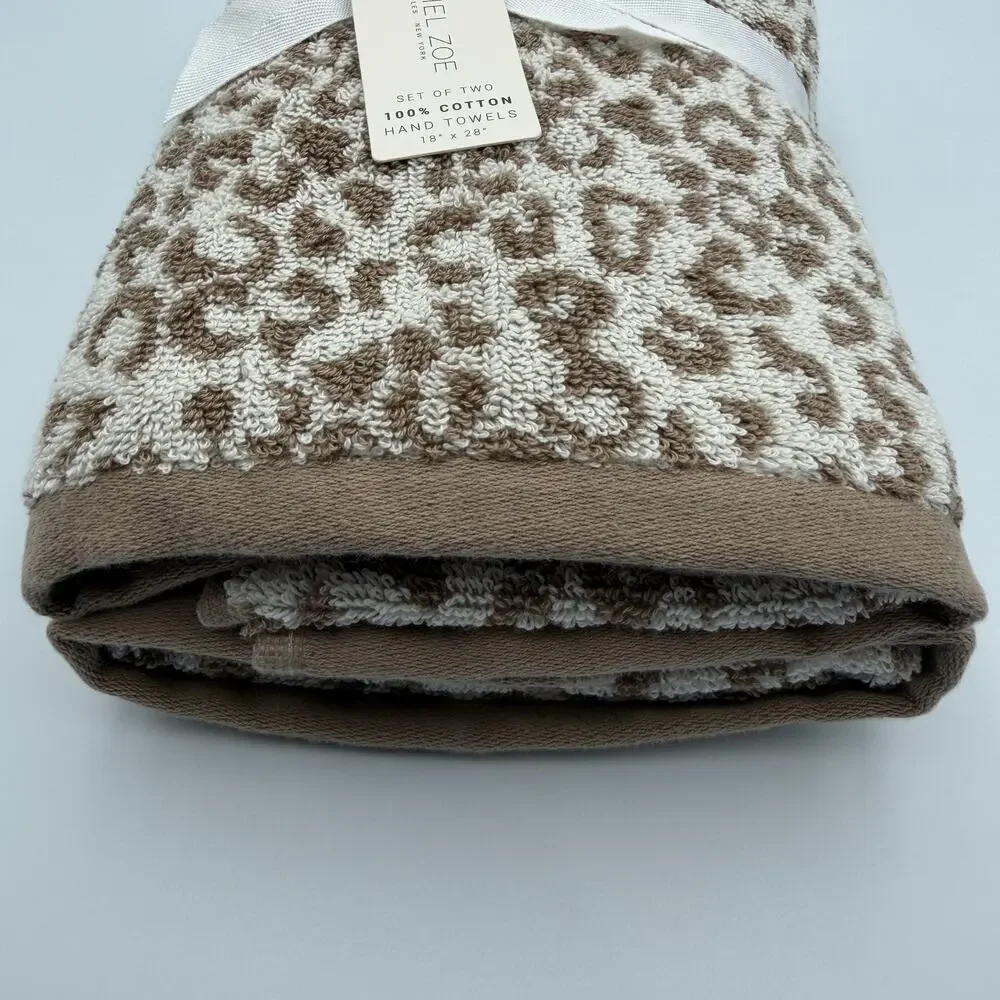 Rachel Zoe Leopard Cheetah Animal Print Hand Towel Set of 2 Ivory Brown 18 x 28